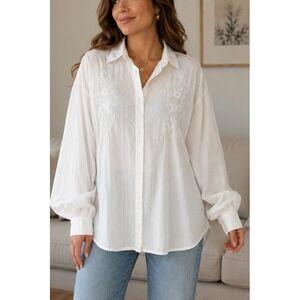 Cotton Express White Embroidered Button Down Shirt 24W Cotton Pintuck Vintage